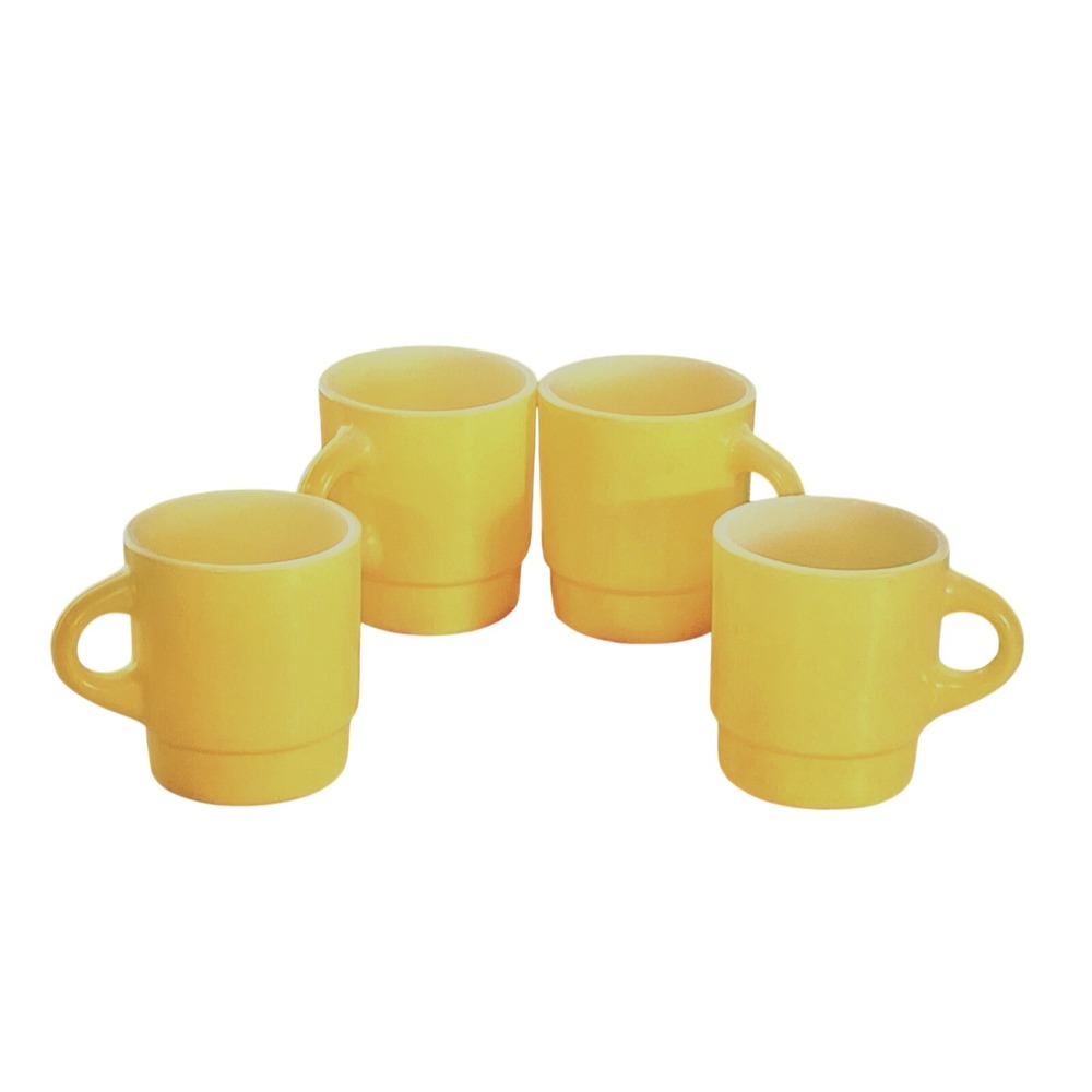 Mid Century Set 4 Fire King Anchor Hocking Milk Glass Stacking Mug Cup Yellow US